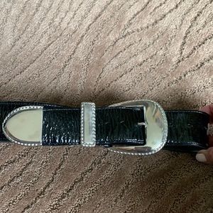 Black Patent Leather 36” Belt with Silver Buckle.